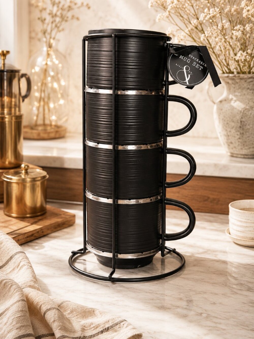 NWT Set of 4 Stackable Espresso Mugs With Rack